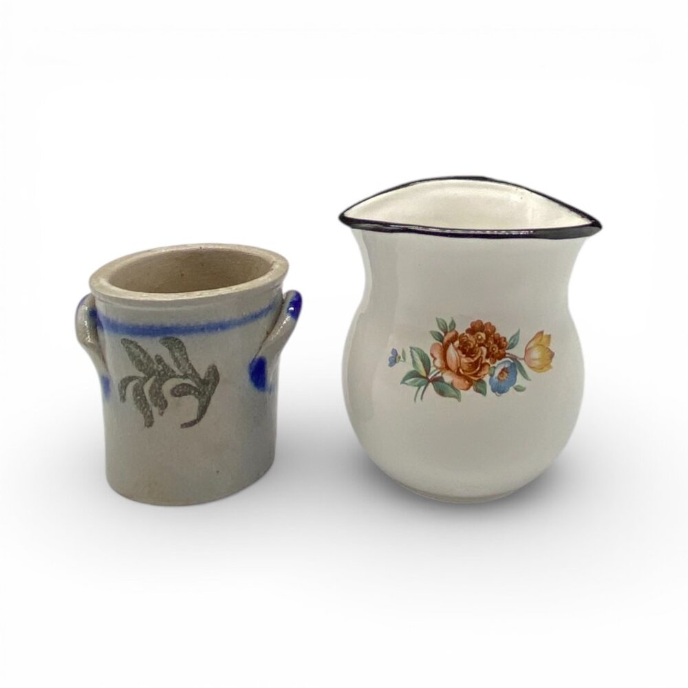 Salt Glaze toothpick holder and enamel ware creamer